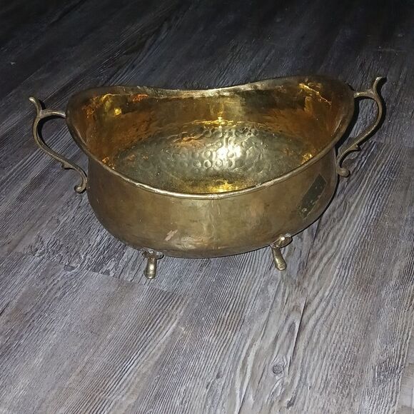 Antique  Hammered Style Brass Footed Tub Decor, Brass Pansy Plant Pot - Picture 1 of 8
